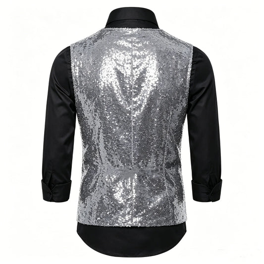 Shiny Sequin Men's V Neck Vest Single Breasted Suit Gilet Waistcoat for Wedding Prom Party Club Nightclub DJ Stage Performance