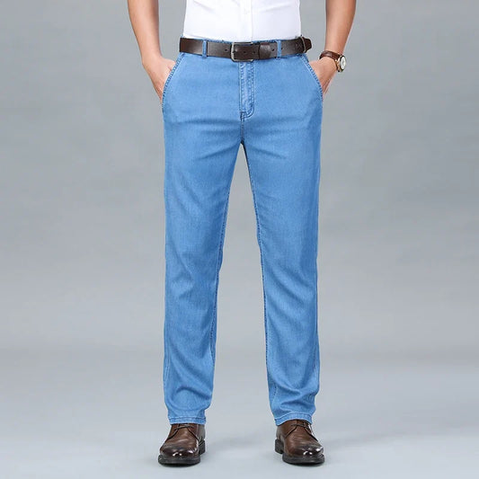 2026 New Spring Men's Light Blue Stretch Straight Jeans Business Casual Denim Pants Modal Fabric Trousers Male Brand
