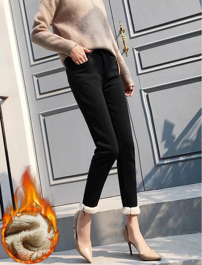 Winter Pencil Jeans Women Thicken Lamb Fluff Skinny Denim Pants High Waist Warm Lambwool Lined Stretch Vaqueros Big Size 34 Jean