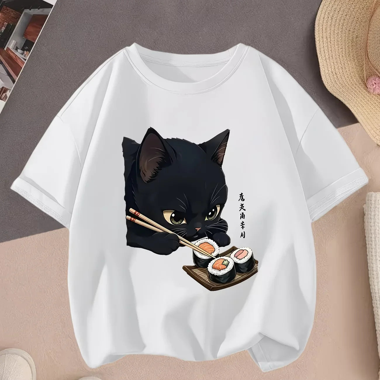 Black Cat & Sushi Kawaii T-Shirt - Cute Anime Sushi Roll & Cat Print, Soft Stretch Round Neck Summer Top, Casual Theme Outfit
