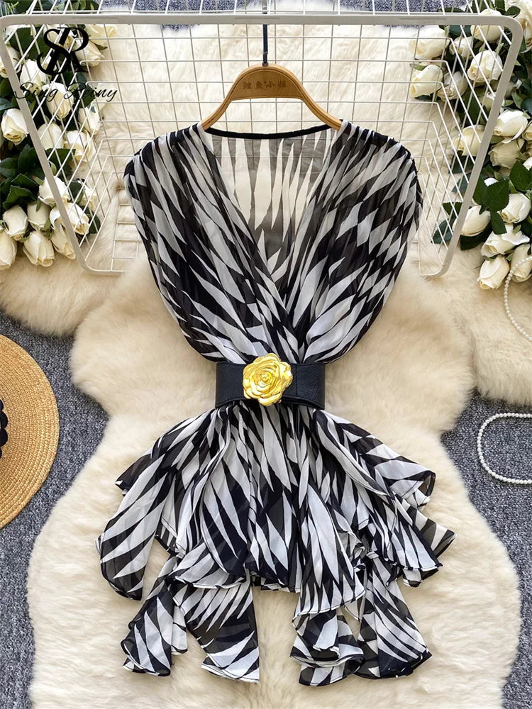 American Sexy Leopard Blouse Women Croess V Neck With Belt Skinny Mesh Top 2025 Summer Streetwear Irregular Tank Top
