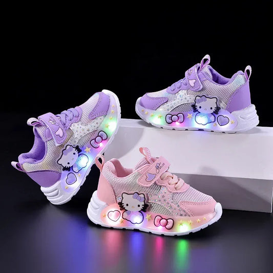 Kids'Casual Shoes Girls Led Light Cartoon PU Leather Fashion Sport Flat Bottom Shoes Breathable White Pink Size 21-30