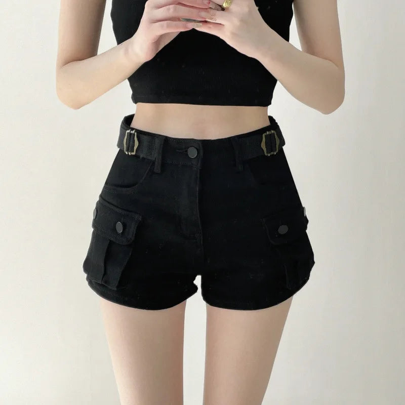 Women Military Green Denim Cargo Shorts Summer High Waisted Loose Wide Leg Y2K Hot Girl Casual Short Pants with Pockets
