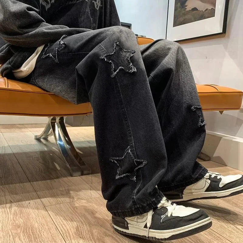 Star Embroidery Straight Casual Men Jeans Gothic Neutral New Wide Leg Loose Hip-hop Fashion Youth Streetwear Denim Trousers Y2K