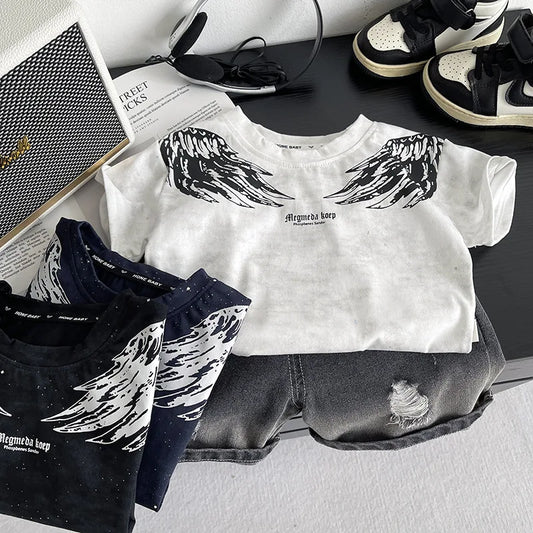 0-5Years New Baby Boy Fashion Cool Summer Clothes Suits Toddler Wings Printed T-shirt+Ripped Jeans 2pcs/sets Children Tracksuits