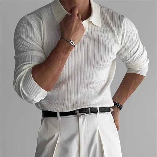 Men's Fashion Luxury V-neck Knitted Jacquard Polo Shirt Solid Color Long-sleeved Korean Popular Leisure Knitwear 2025 New Autumn