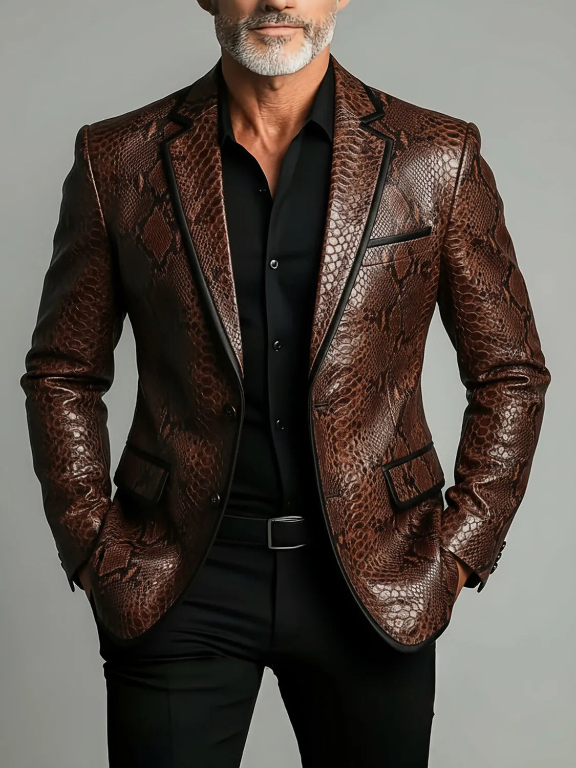 Snakeskin Pattern Leather Blazers For Men Luxury Jacket Pocket Slim Fit Winter High Quality Business Fashion Casual Suit Coat