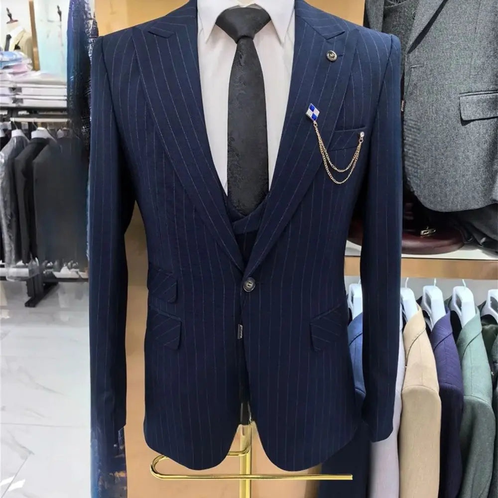 Classic solid color Men's Suit set For Formal Office Meeting Elegant striped suit Handsome Single breasted Wedding Suit Host Par