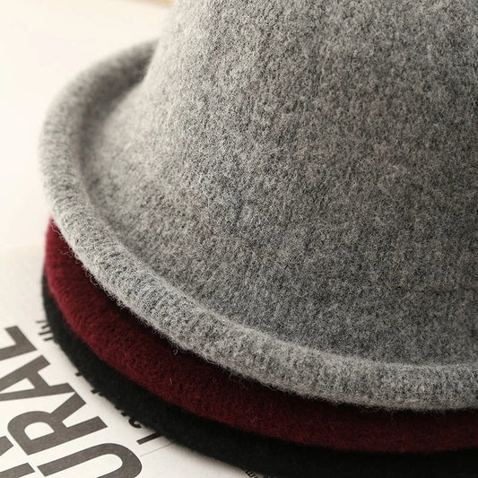 Women Hat Winter Wool Knitted Fedora Small Topper Hat Casual Ladies Solid Color British Top Hat Rolled Brim Official Website