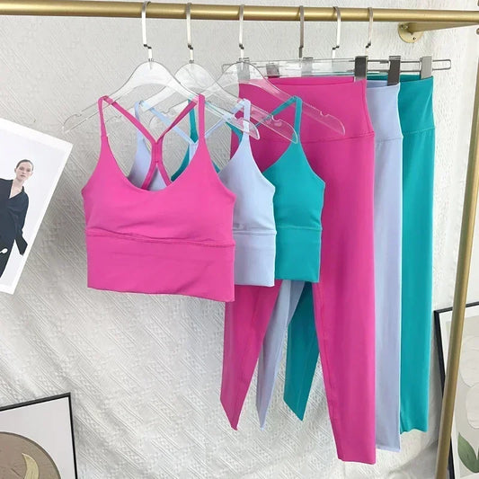 2 Piece Yoga Set Sportswear Fitness Suits Sexy Cross back Yoga Tops Elasticity High Waist Leggings Running Sports Clothing