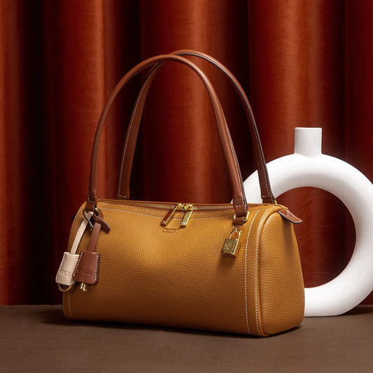 Fashionable Women's Boston Bag Autumn/Winter New Collection Simple Large Capacity Brown Shoulder Bag Texture Handbag