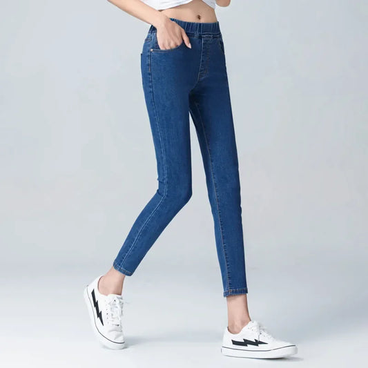 Stylish Women's Pocket Skinny Stretch Jeans 5XL 6XL Stretch High Waist Tight Fashion Denim Trousers for Women Blue Black