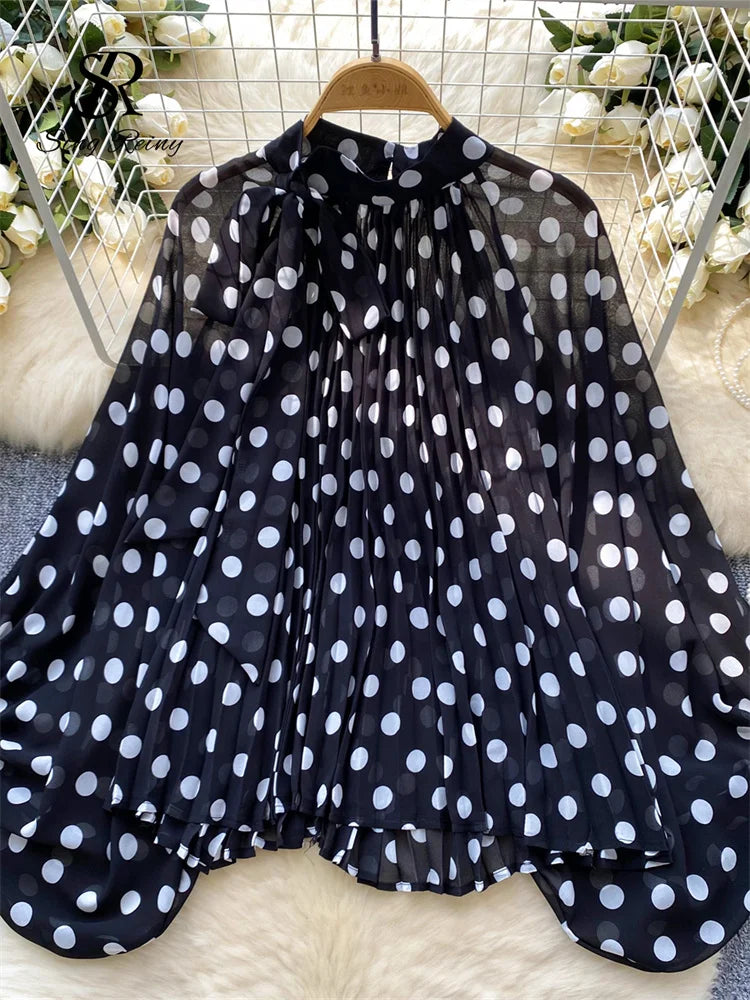 Autumn Leopard Print Blouse Women Bow Neck Long Sleeves Loose Top Korean Style Ins Polka Dot Chiffon Shirt 2025