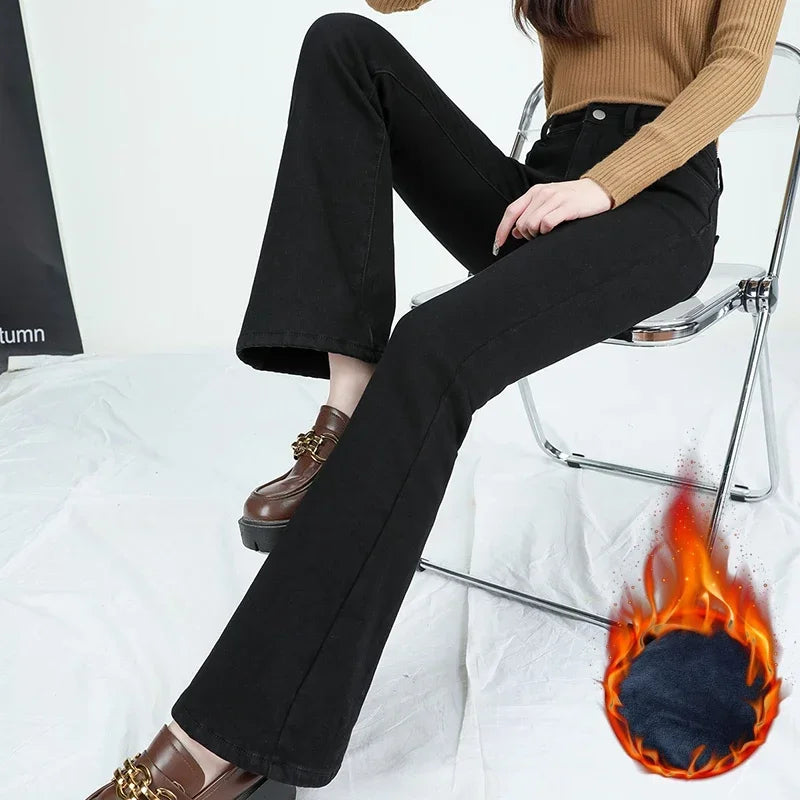 2024 Winter Fleece Women's Flare Pants Retro Slim High Waist Elastic Cotton Thick Warm Denim Pants Fashion Korean Female Clothes