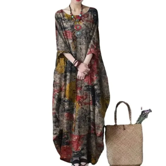2022 New Loose Printed Cotton Linen Round Neck Long Sleeved Vintage Oversize Dress Women Boho Long Maxi Dress