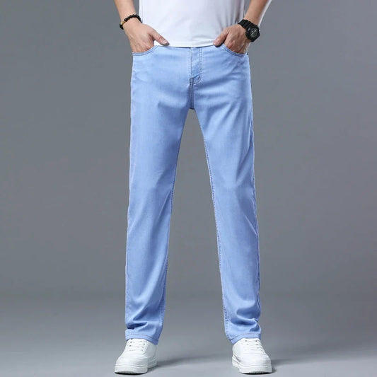 2025 Summer New Men's Sky Blue Slim Stretch Jeans Lyocell Thin Style Fashion Casual Ice Silk Denim Pants Male Brand Trousers