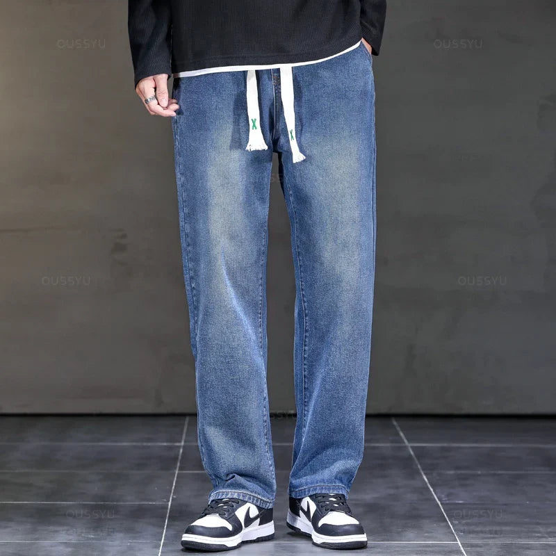 2025 New Autumn Winter Jeans Men Loose Straight Drawstring Elastic Waist Casual Denim Trousers Male Thick Pants Large Size M-5XL