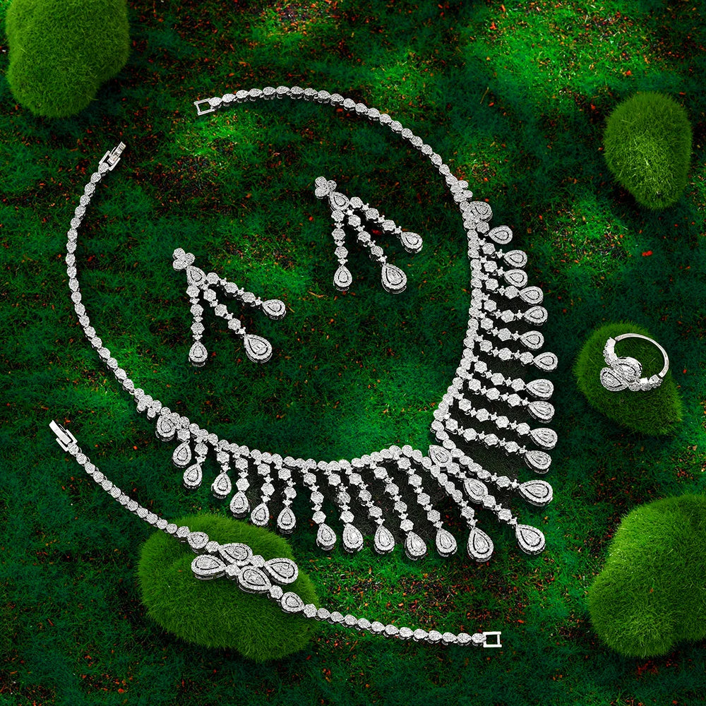 Luxury 4 Pieces Bridal Wedding Jewelry for Women Cubic Zirconia Water Drop Earrings Tassel Necklace Jewelry Sets Party Gift