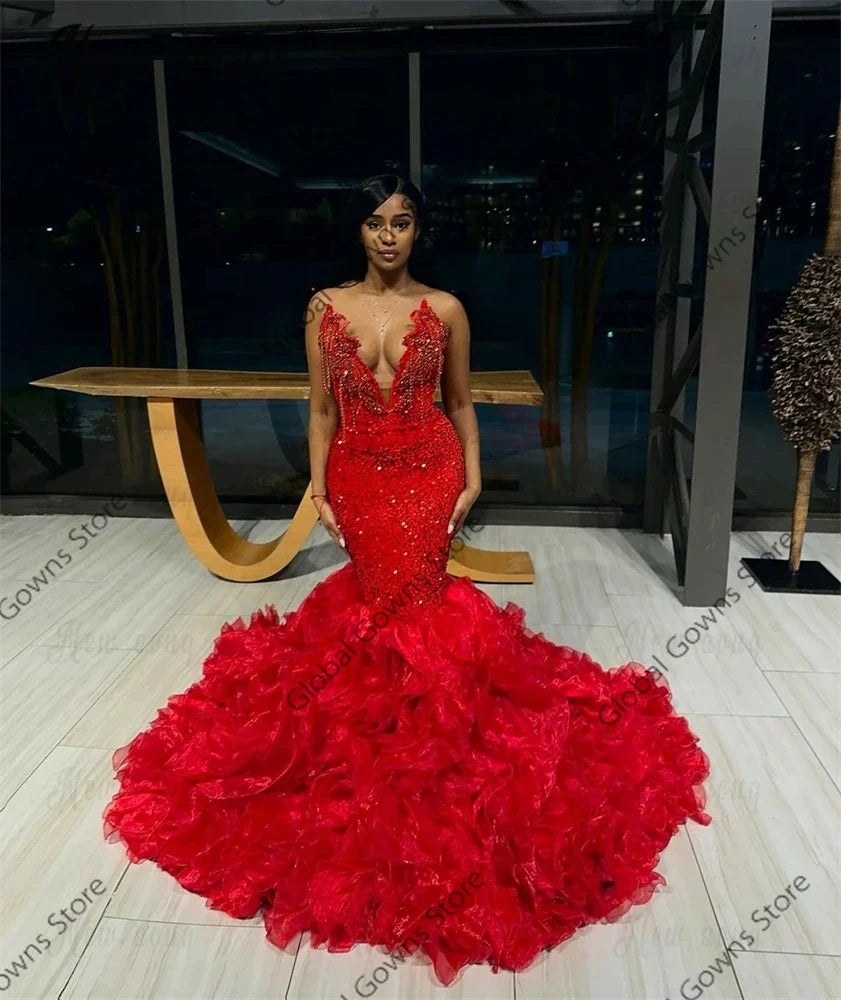 Red Strapless Sequin Long Prom Dresses Black Girl Bead Crystal 2024 Birthday Luxury Dress Tassel Ruffles Evening Gown Customized