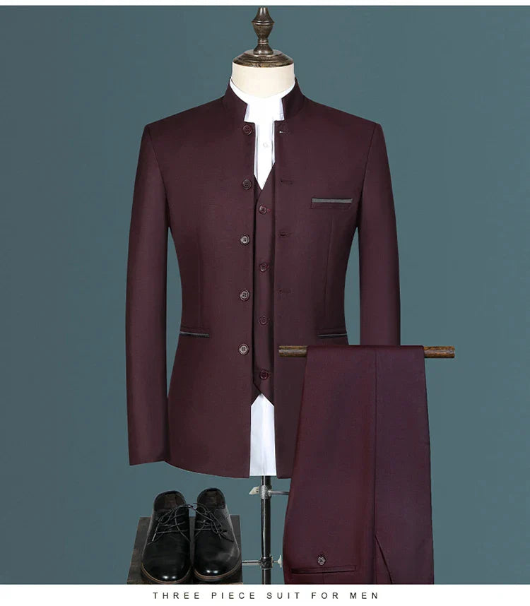 Suit (Blazer+ Vest + Pants) Men's Fashion Gentleman Business Outdoor Standing Collar Gentleman Wedding Work Casual MAO Suit