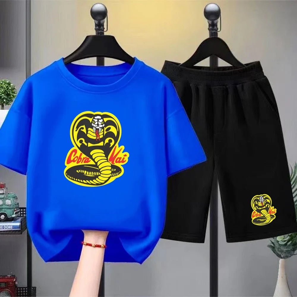 Summer T-Shirt + Shorts Anime Snake Print Boy Black Girl Sets T-Shirt Kids Tops Casual Tees Round Neck Short-Sleeved Top