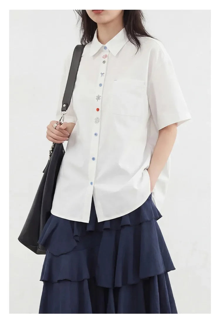 Fashion Women Shirt Short Sleeve Loose Casual Design Button Embroidered Placket Female Blouses Cotton Coat Summer 2026