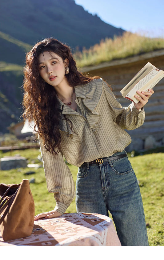 Retro Button Long Sleeved Striped Shirt for Women 2024 Autumn Korean Flounce Polo Neck Casual Tops Office Lady MXD41C0321