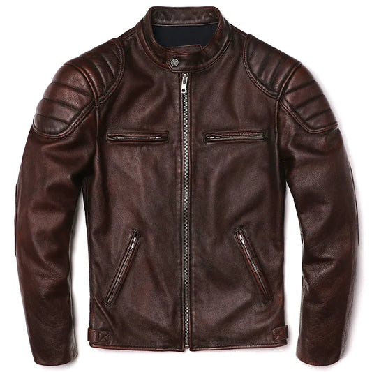 2025 Vintage Brown Genuine Leather Jacket Real Natural Cowhide Men Motorcycle Biker Coat Mens Slim Calf Skin Coat