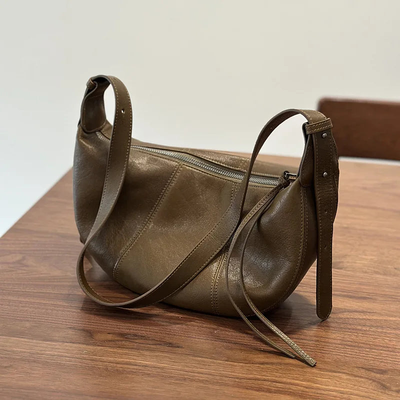 2026 New Genuine Leather Women's Bag Casual Solid Color Versatile Saddle Bag Soft Cowhide Shoulder Crossbody Bags