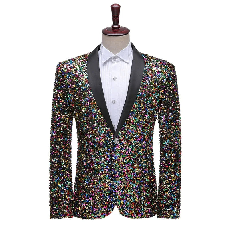 Shimmering Green Sequinned Blazer, Dazzling and Eye-catching, European Sizing, Men's Wedding Party Stage Dazzling Formal Wear