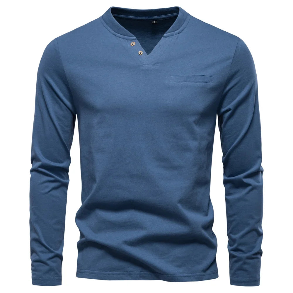 High Quality Men's long sleeve t-shirt Fashion pure 100% cotton henley collar T shirt man polera manga larga hombre