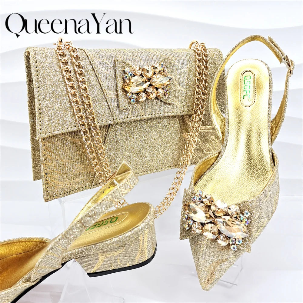 Banquet Women's Shoes And Bag Light and Comfortable Shoes Rhinestones Embellished with The Same Fine Handbag Low Heel Shoes