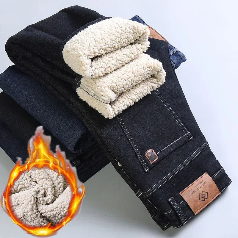 Winter Warm Fleece Jeans Men 2023 Straight Stretch Thick Casual Thermal Denim Pants Male Business Work Trousers New Men Clothing
