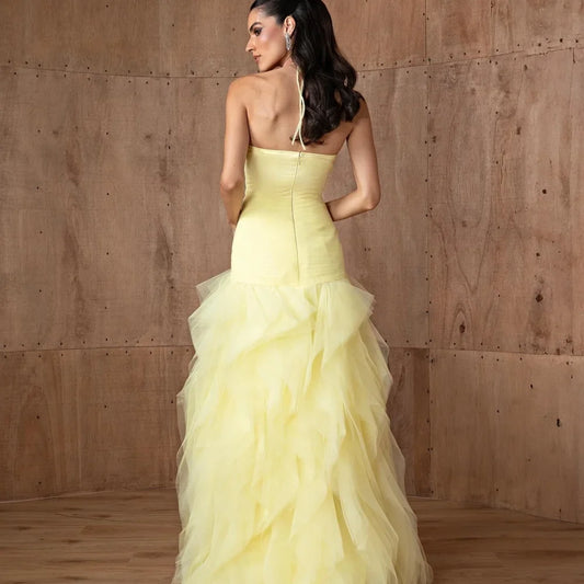 Customized Yellow Halter Neck Multi-Layered robes de soirée Mesh Fabric A-line Party Dresses Floor-Length Prom Dress 2025