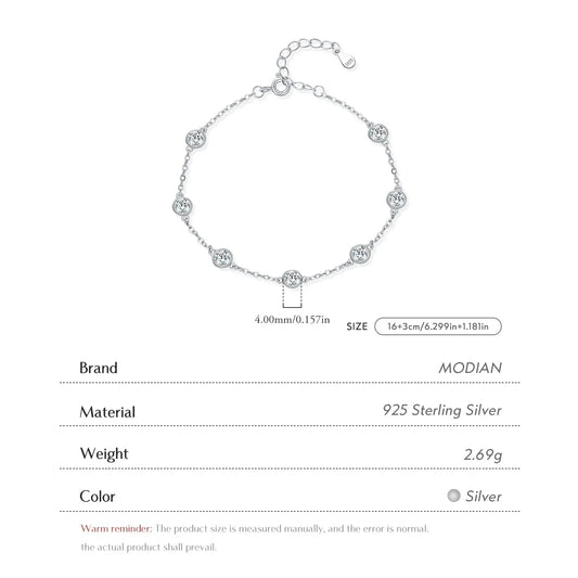 Bracelet à breloques mode empilable en argent sterling 925 avec oxyde de zirconium rond étincelant transparent, pour femme, bijoux fins