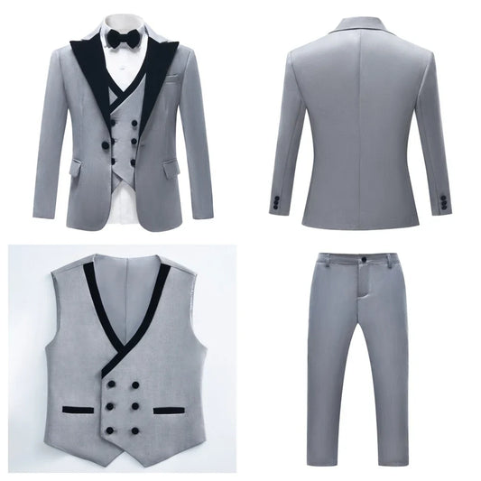 Black Velvet Collar Suit Set for Boys, Formal Graduation Suits, Slim Fitting Wedding Suit for Children, Blazer Vest Pants