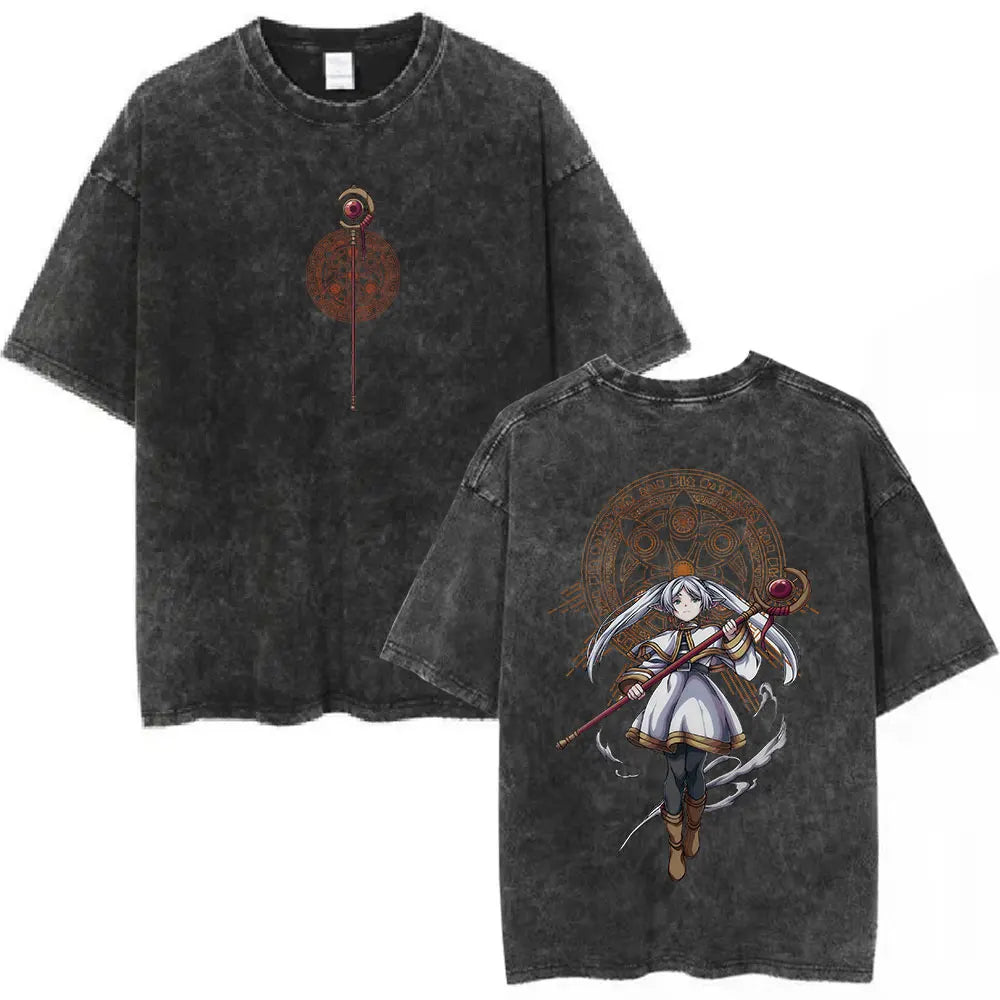 Anime Frieren: Beyond Journey's End Graphic Washed Vintage T-shirt Men's Women Fashion Short Sleeve Cotton Casual Loose T Shirts