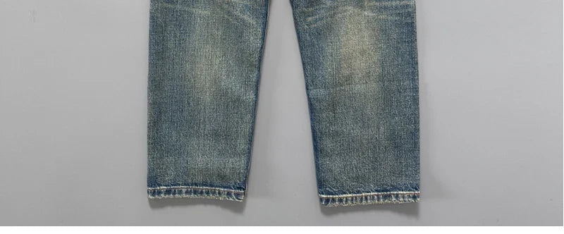 13.5oz Men's Japanese Indigo Blue Selvedge Straight Leg Denim Jeans for Men Artisan Vintage Spring Washed with Raw Hem Detailing