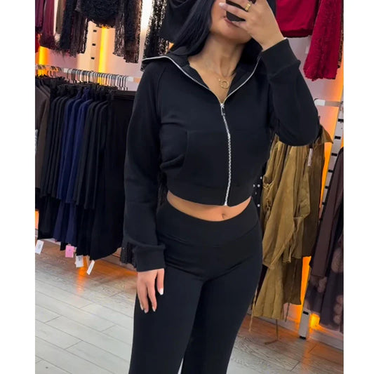 Flare Pants Sets for Women 2 Pieces Fleece High Waist Woman Trousers Sets Zipper Cropped Women's Jacket Streetwear Outfits