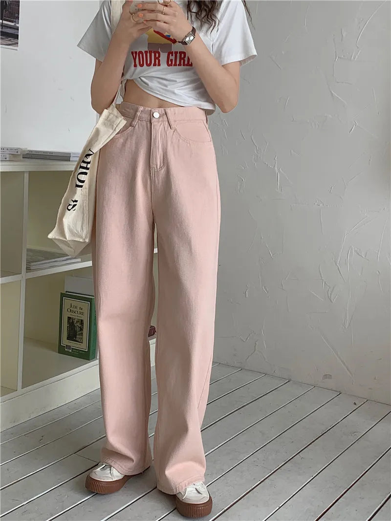 Korean Sle Simple Pure Color Wide Leg Jeans Pants for Women Summer Season Fall Collection Faion Ladies Premium Denim