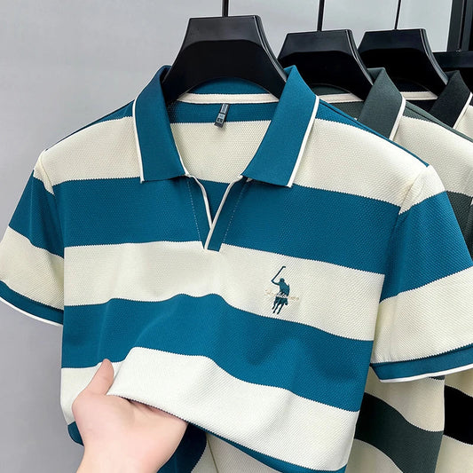 High End Embroidered Polo Shirt for Men, 2026 New Summer Striped Men's Short Sleeved T-shirt, Pure Cotton Lapel Half Sleeved Top