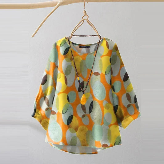 Vintage Polka Dot Blouse Fashion Summer 3/4 Sleeve Tops 2025 New Irregular Hem Round Neck Shirt Chic Holiday Colorful TOP