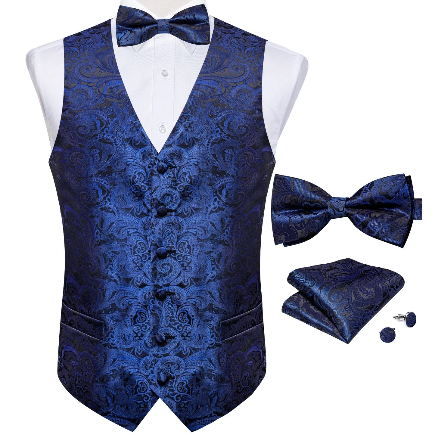 Retro Paisley Floral Full Set with Bowtie Pocket Square and Cufflinks Banquet Essential
