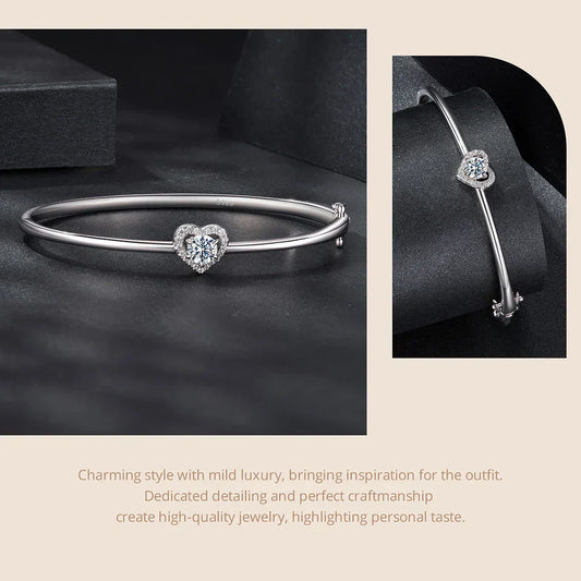Bracelet Moissanite Cœur Creux 0.5CT Coupe Ronde Couleur D, Manchette Jonc en Argent Sterling 925 pour Femme, Cadeau de Mariage