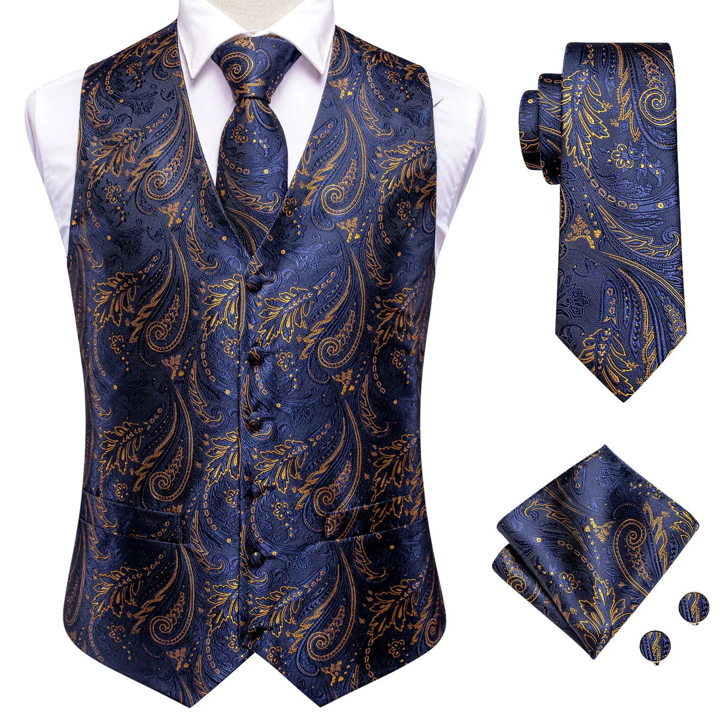 Navy Blue Mens Vest Formal Paisley Waistcoat Jacket Tie Handkerchief Cufflinks Set For Male Dress Suit Wedding Party