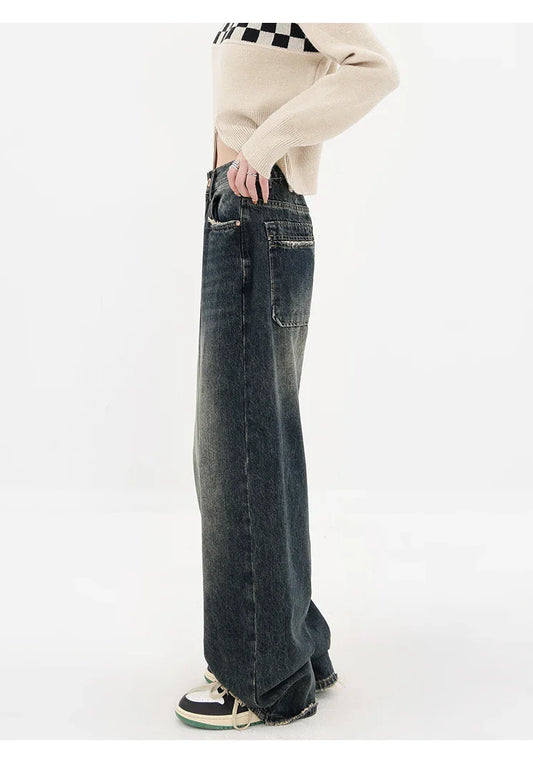 Harajuku Streetwear Retro Fashion Autumn Women High Waist Jeans Loose Wide Leg Straight Loose Denim Trousers Y2K Baggy Pants