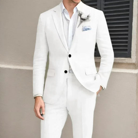 Men's High-Quality Linen Suits Notched Lapel 2-Piece Blazer And Pants Lightweight Summer Business Casual Beach Tuxedo Set