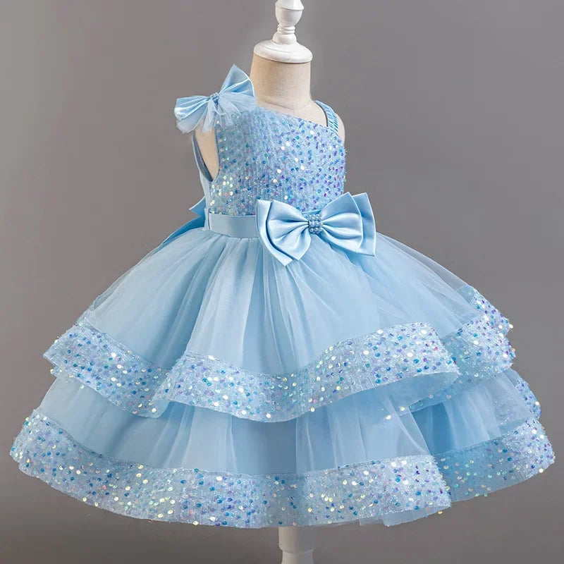 Fashion Birthday Dress Lace Mesh Bow Kids Girls Sequin Dress Summer Children Clothing Princess Ball Gown Pageant 1-6 Years