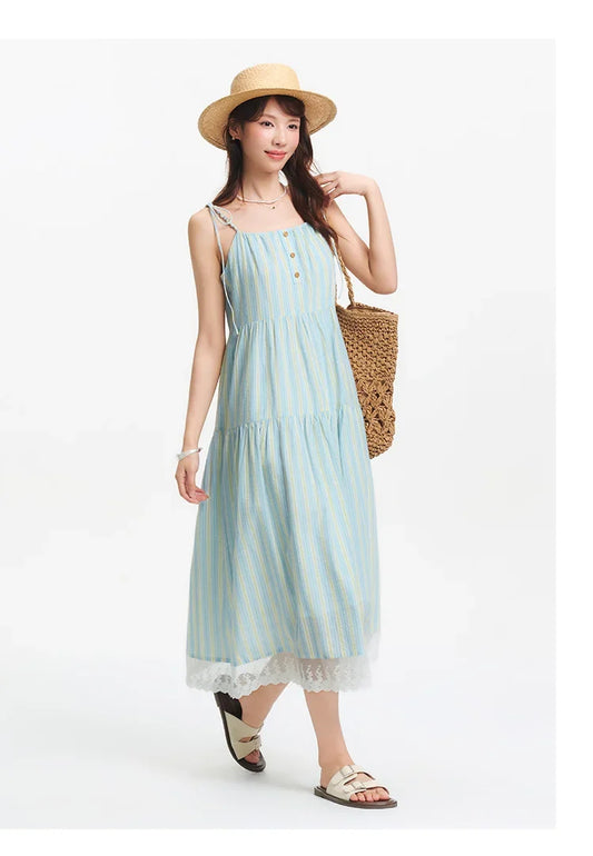 Textured Striped Dress Women Sweet 2025 Summer New Vacation Style Lace Strapless Sundress