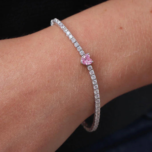 Bracelets de tennis en moissanite ronde de 2 mm avec bracelet diamant taille cœur rose et blanc de 5 mm pour femmes et hommes, en argent sterling 925